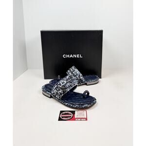 Size 7 - Chanel Raffia Tweed CC Chain Strap Flat Sandals